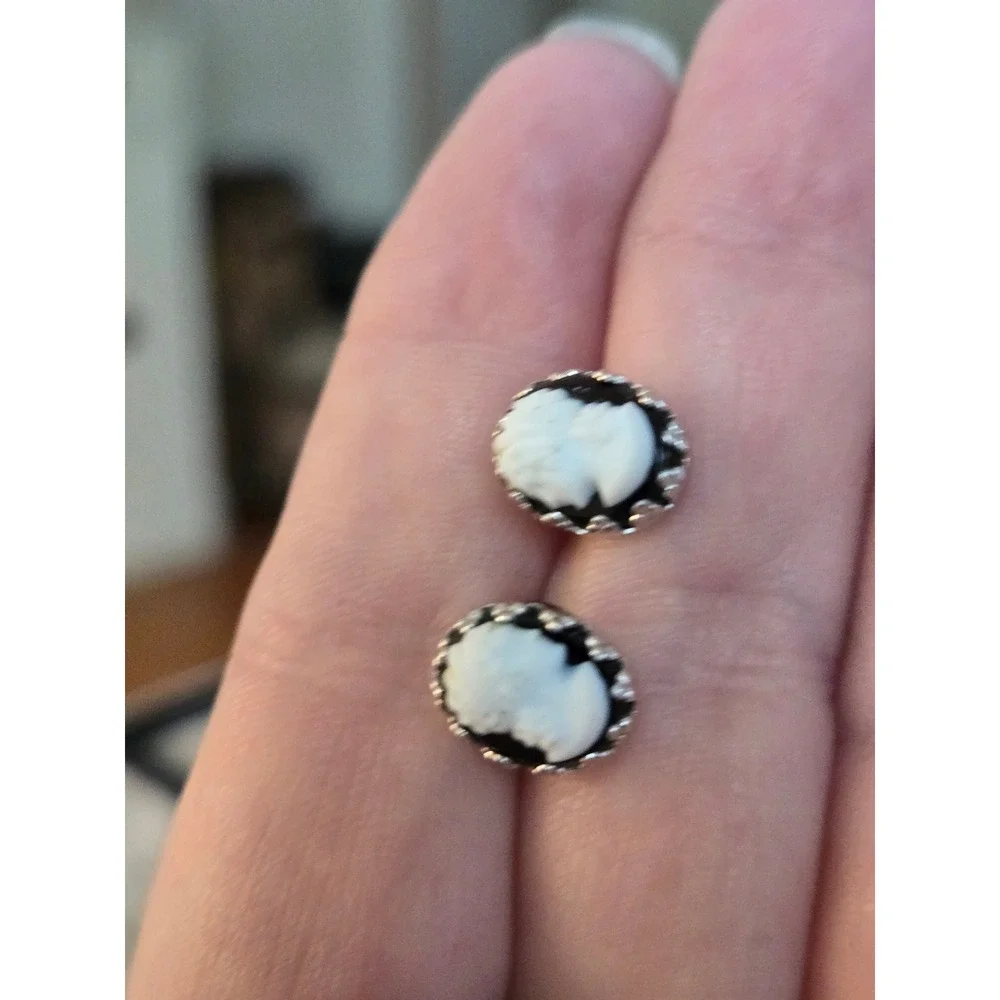 Victorian Inspired Black White Cameo Earrings Pierced Vintage